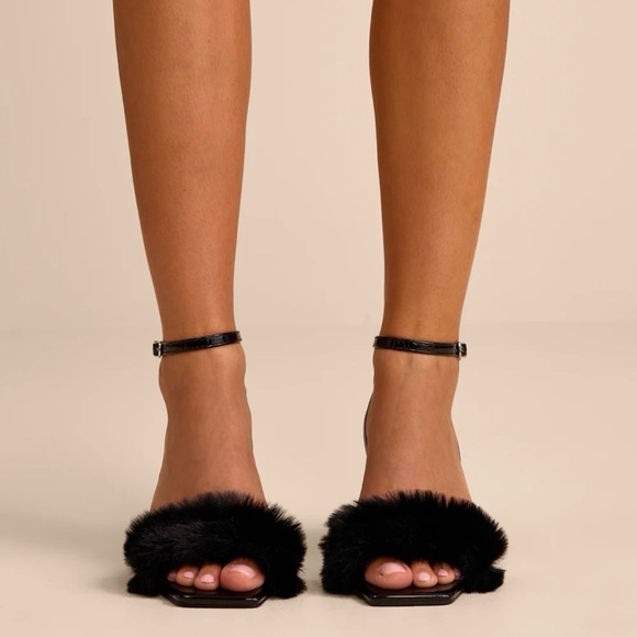 Lulus Shoes - NWB - Lulus Kerstin Black Faux Fur Ankle Strap High Heel Sandals - Size 9